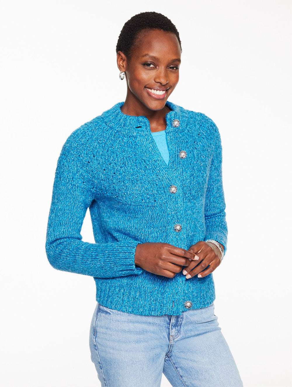 POND BLUE POINTELLE MOCKNECK CARDIGAN - MARL | Talbots sale