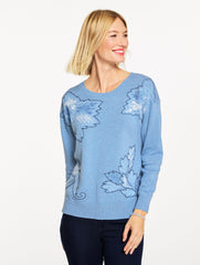 LAKESIDE BLUE HTHR MULTI FLORAL EMBROIDERED SWEATER | Talbots sale