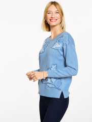 LAKESIDE BLUE HTHR MULTI FLORAL EMBROIDERED SWEATER | Talbots sale
