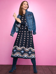 INDIGO MULTI JACQUARD CREWNECK SWEATER - SCALLOP MEDALLION | Talbots discount