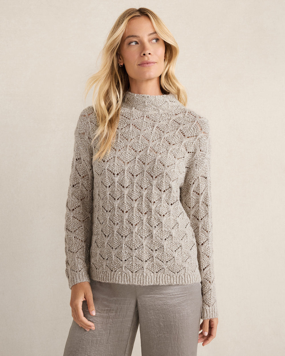 OYSTER SHELL W/LUREX LUREX BLEND POINTELLE CREWNECK SWEATER | Talbots online