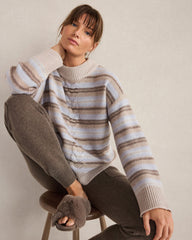 MOUNTAIN CABLE/HERON HTHR WOOL BLEND CABLE STRIPE CREWNECK SWEATER | Talbots near me