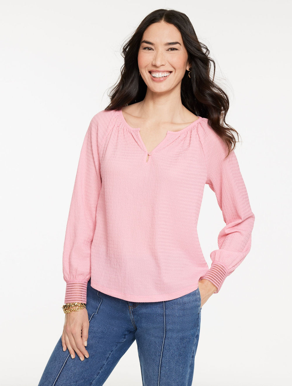 IVORY|ORCHID PINK CRINKLE SPLIT NECK TOP | Talbots US