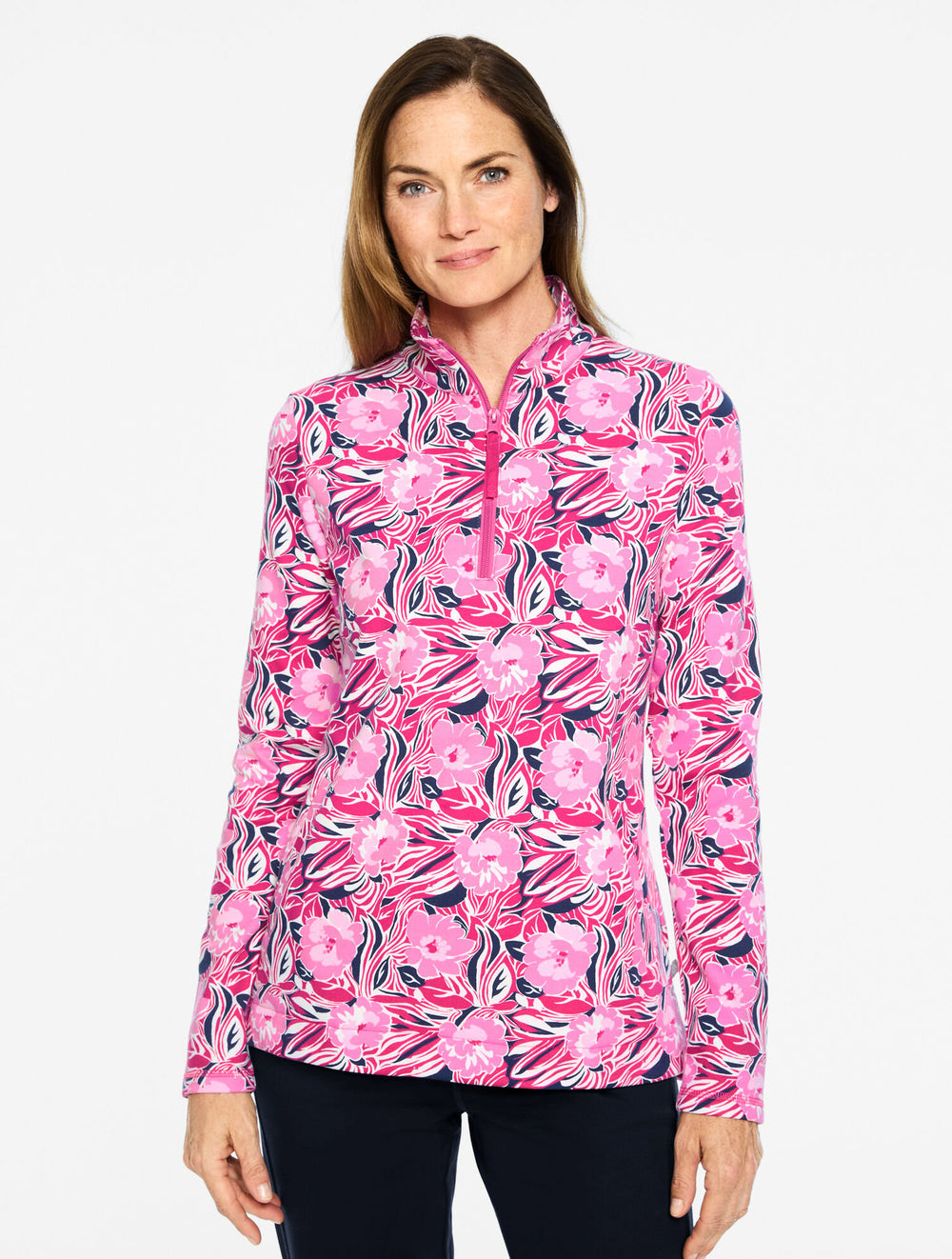 PINK PEACOCK/INDIA INK COZY CLOUD HALF-ZIP PULLOVER - DANCING FLORAL | Talbots online