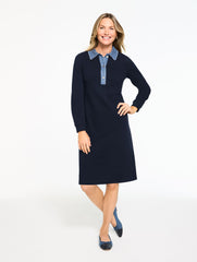 INDIGO BLUE EMBROIDERED DENIM COLLAR SHIFT DRESS | Talbots online