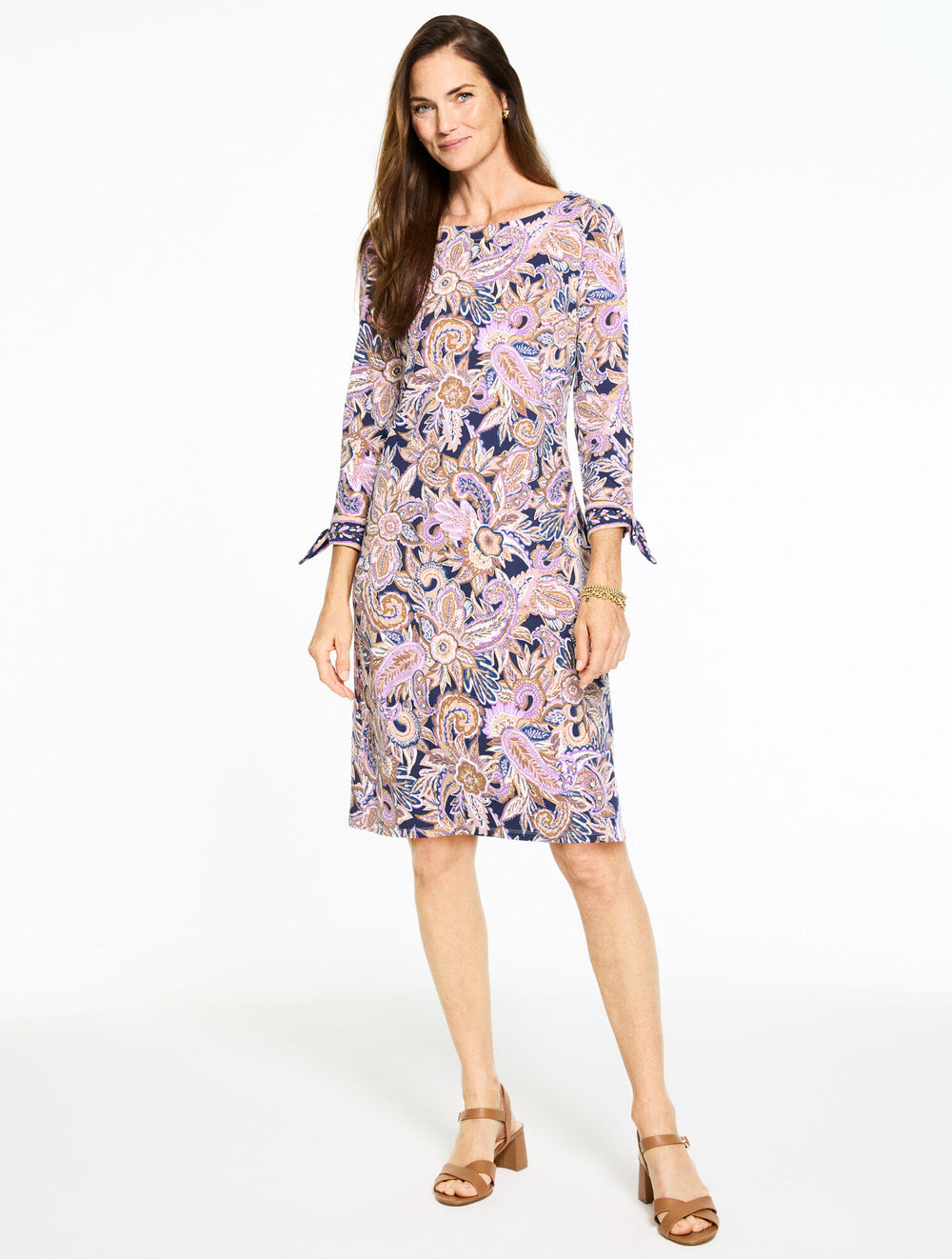 INDIA INK MULTI EFFORTLESS JERSEY BOW CUFF SHIFT DRESS - PAISLEY BOUQUET | Talbots near me