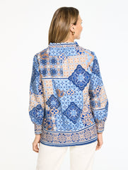 SHORE BLUE MULTI WATERCOLOR TILES POPLIN TOP | Talbots for sale