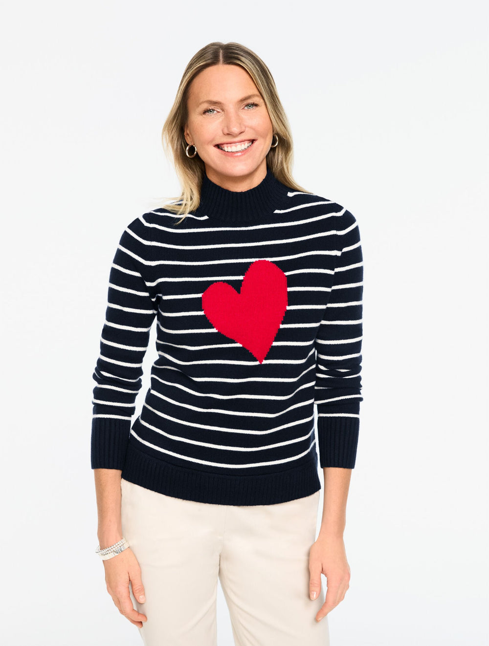 INDIGO BLUE/RED POP MOCKNECK PULLOVER - STRIPE INTARSIA HEART | Talbots sale