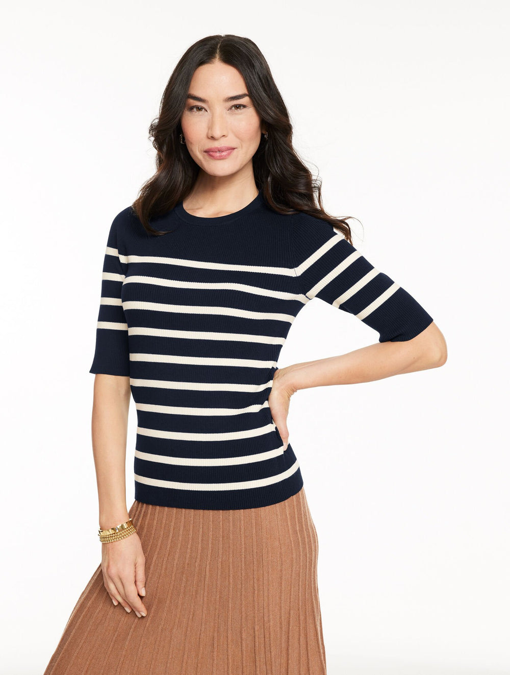 INDIGO/IVORY|IVORY/BRIGHT PINK ELBOW SLEEVE RIBBED CREWNECK SWEATER - STRIPE | Talbots sale