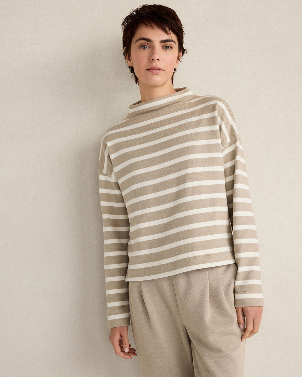 SLEIGH STRIPE/PURE TAUPE ORGANIC COTTON FUNNEL NECK STRIPED PULLOVER | Talbots outlet