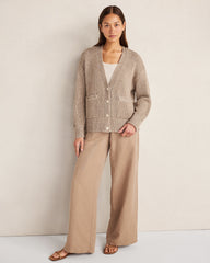 ROPE/PURE TAUPE ORGANIC COTTON LINEN PLAITED V-NECK CARDIGAN | Talbots online