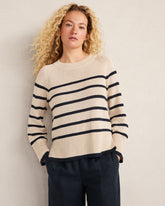 MISTY BEIGE/NIGHTFALL ORGANIC COTTON LINEN STRIPE CREWNECK | Talbots US