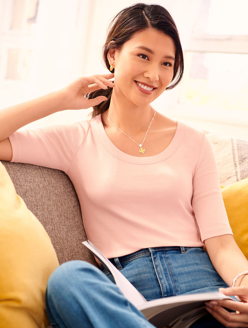 WHITE SCOOP NECK CURVED HEM TEE - PIMA SOLID | Talbots on sale