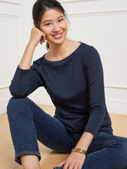 BLACK|INDIGO BLUE|IVORY|WHITE BATEAU NECK PIMA COTTON TEE- SOLIDS | Talbots sale