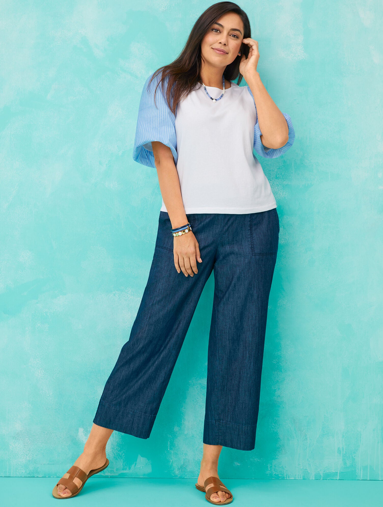 WHITE WOVEN SLEEVE CREWNECK TEE | Talbots on sale