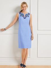 FRENCH BLUE EMBROIDERED BUTTERFLY LINEN SHIFT DRESS | Talbots US