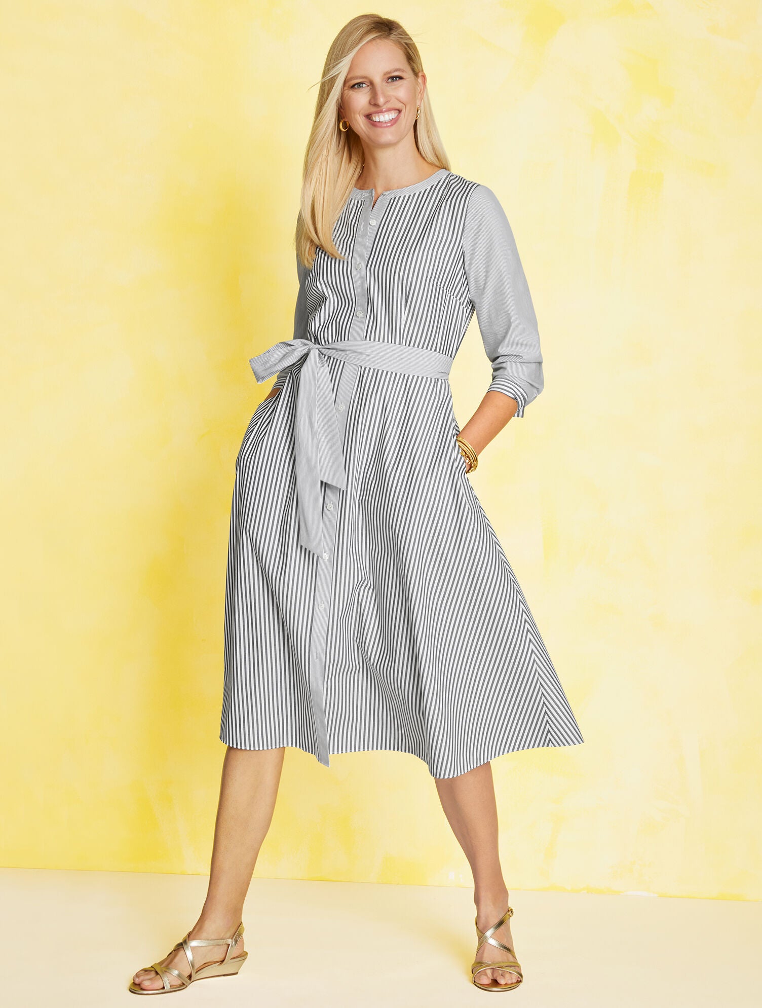 BLACK/WHITE BELTED SHIRTDRESS - DAISY STRIPE | Talbots for sale