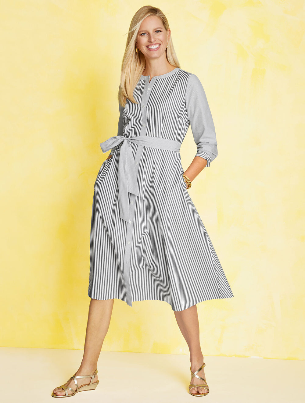BLACK/WHITE BELTED SHIRTDRESS - DAISY STRIPE | Talbots for sale