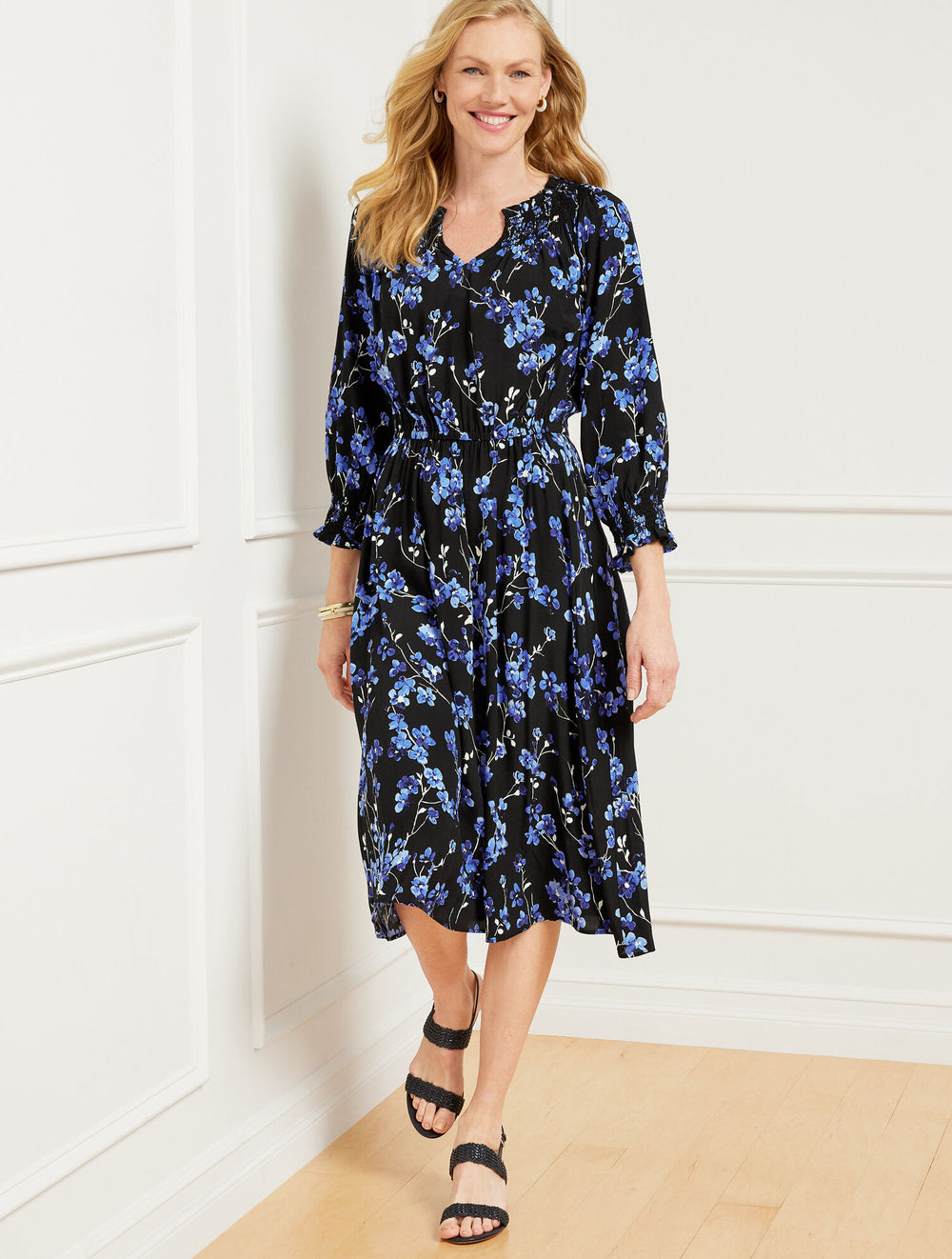 BLACK MULTI SMOCKED MIDI DRESS - FRAGRANT LILAC | Talbots outlet