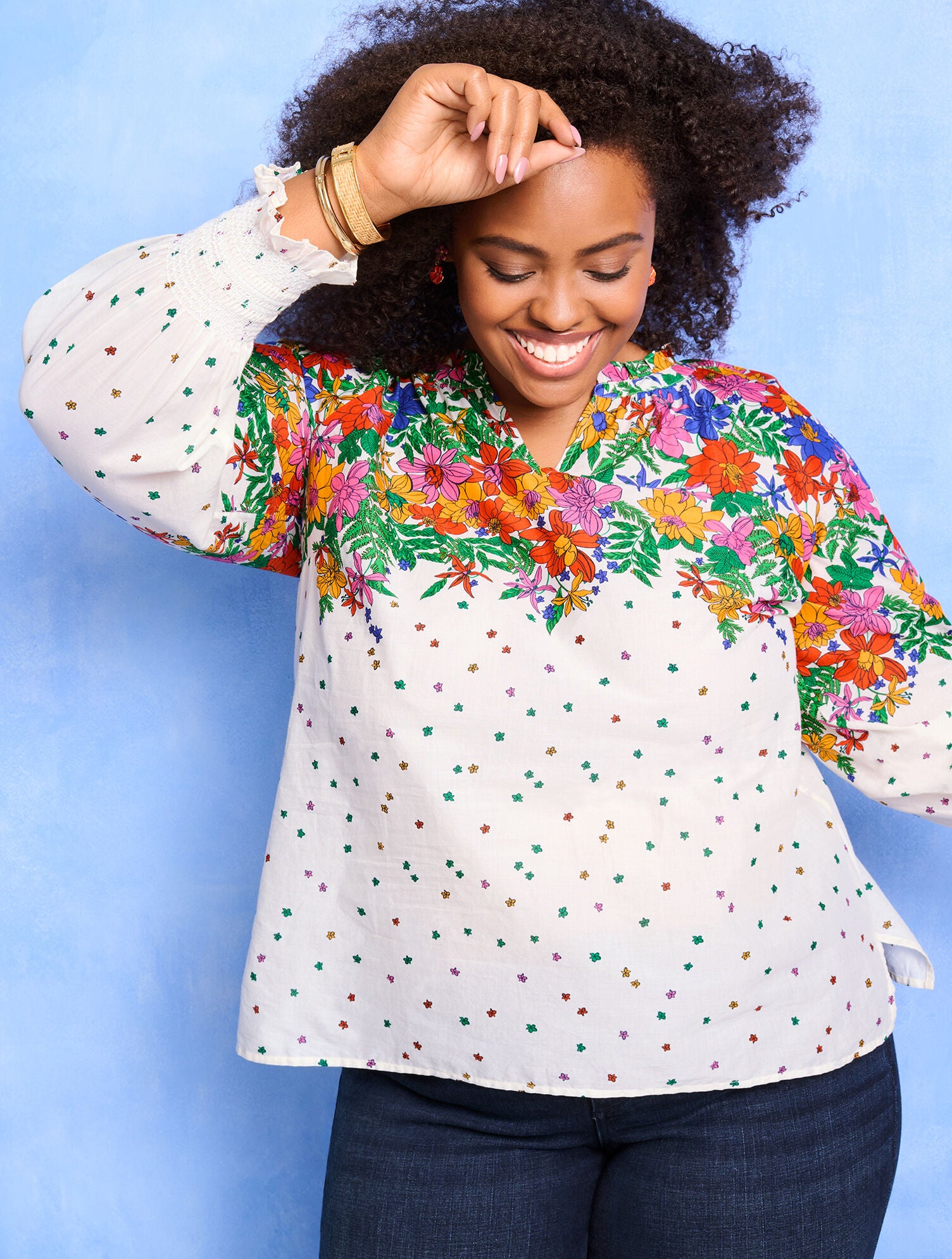 IVORY MULTI BLISSFUL FLORAL SMOCKED CUFF BLOUSE | Talbots online