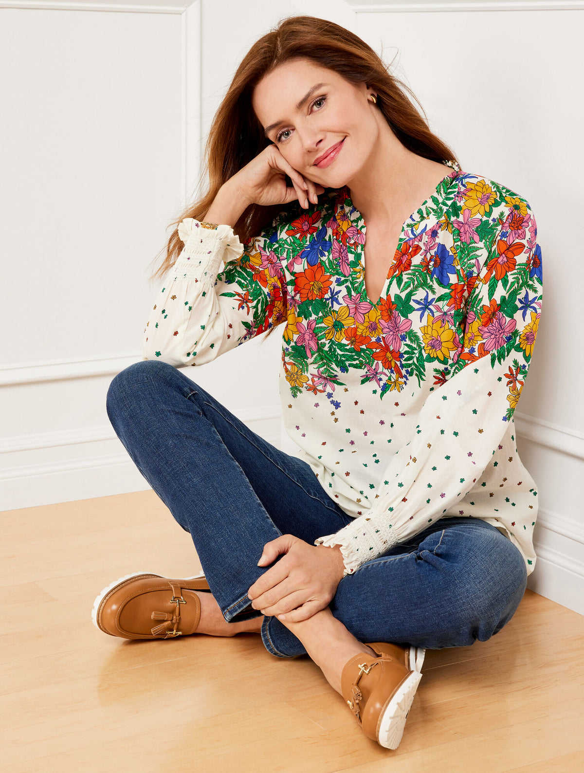 IVORY MULTI BLISSFUL FLORAL SMOCKED CUFF BLOUSE | Talbots online