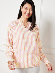AURORA PINK MULTI JACQUARD STRIPE SMOCKED CUFF BLOUSE | Talbots on sale