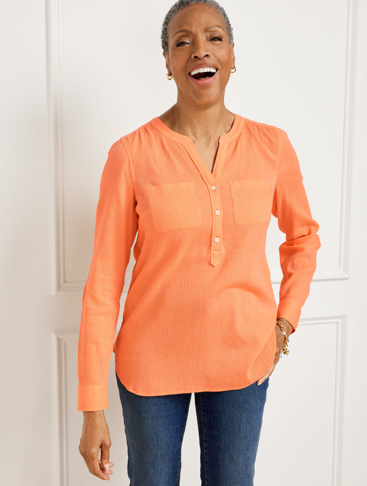 SOMERSET PEACH GAUZE BAND COLLAR POPOVER | Talbots outlet