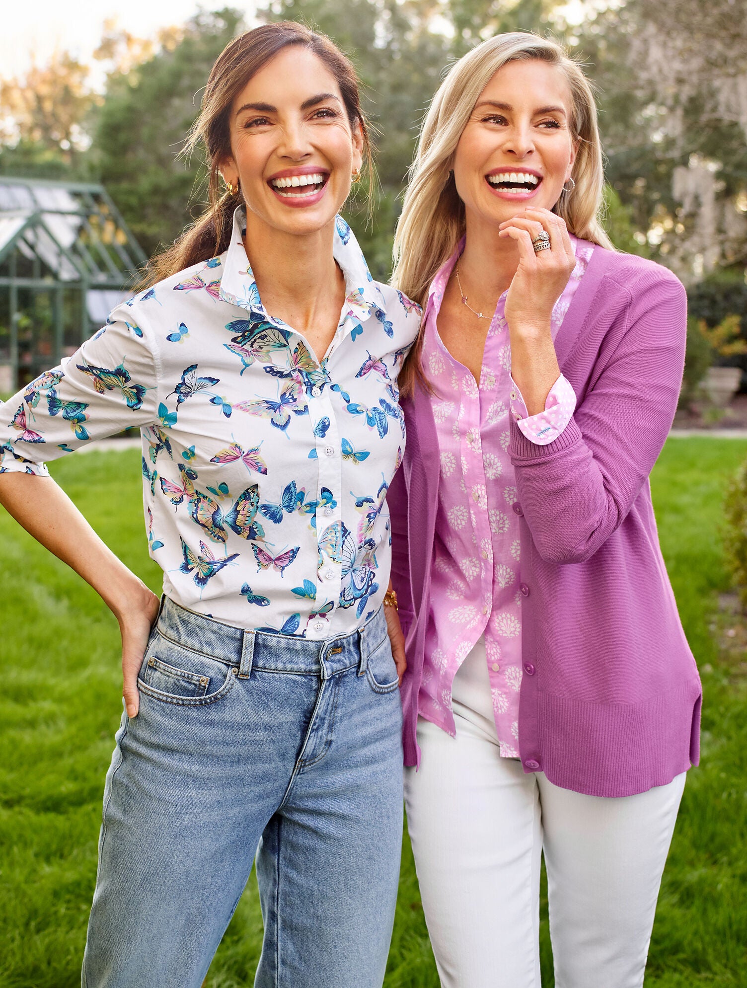 WHITE/MULTI COTTON BUTTON FRONT SHIRT - EXQUISITE BUTTERFLY | Talbots US