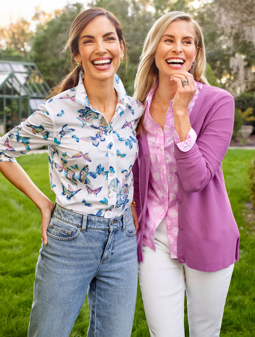 WHITE/MULTI COTTON BUTTON FRONT SHIRT - EXQUISITE BUTTERFLY | Talbots US