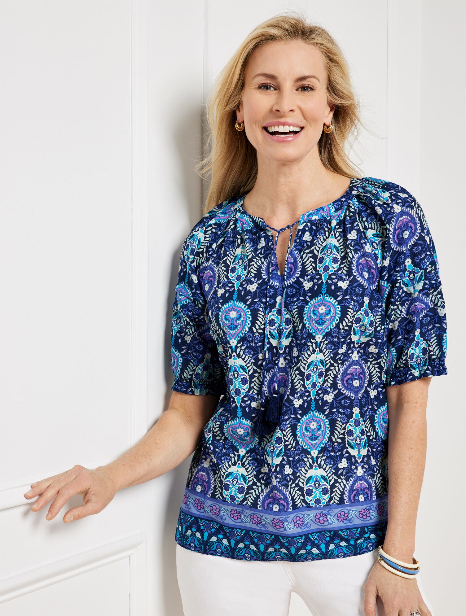 INDIA INK MULTI PLEATED SLEEVE TOP - FLORET MEDALLION | Talbots online