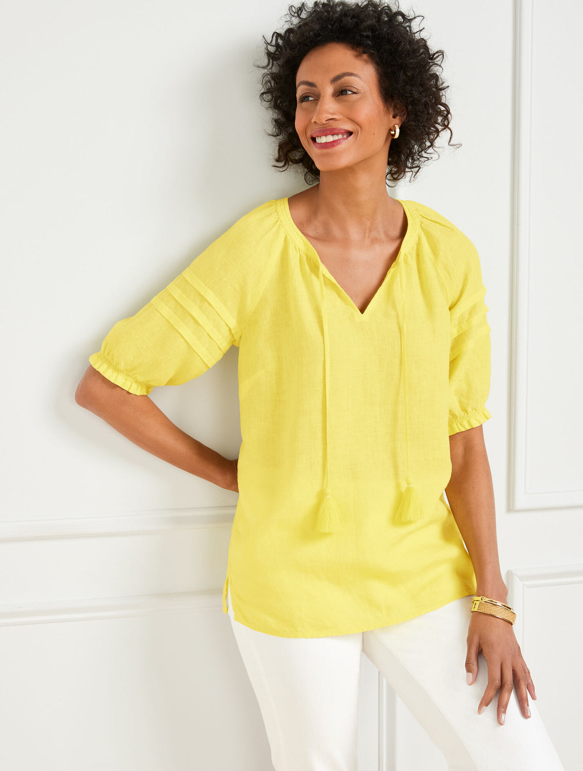 PEAR YELLOW PLEATED SLEEVE LINEN TOP | Talbots near me