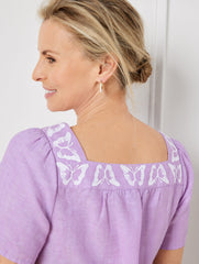 PURPLE BUTTERFLY EMBROIDERED LINEN COTTON SQUARE NECK TOP - CROSS DYE | Talbots for sale