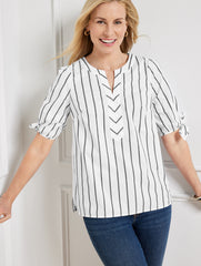 WHITE/BLACK FANCY STRIPE TIE SLEEVE TOP | Talbots sale