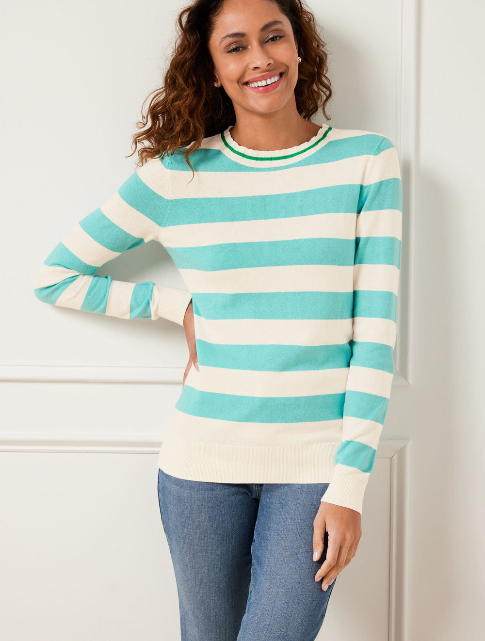 IVORY MULTI BICOLOR STRIPE CREWNECK PULLOVER | Talbots US