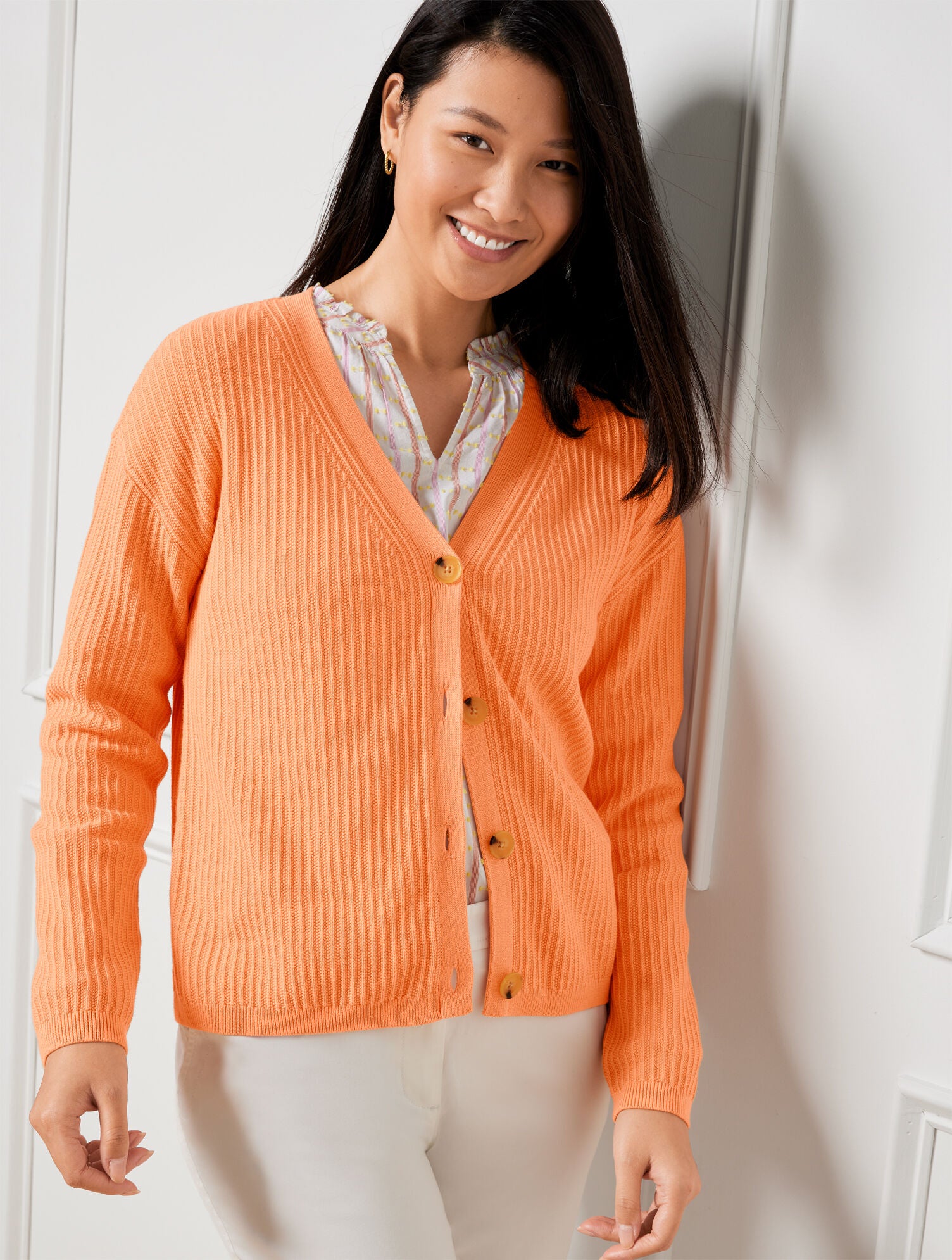 SOMERSET PEACH RIBBED V-NECK CARDIGAN | Talbots outlet
