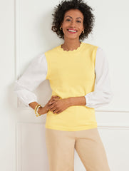 BLACK|DAISY WOVEN SLEEVE PULLOVER | Talbots online
