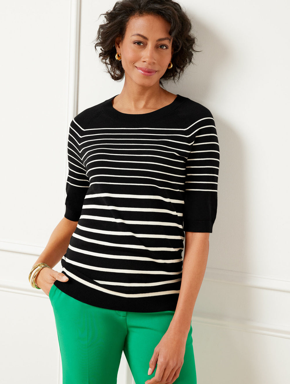 BLACK/IVORY ELBOW SLEEVE PULLOVER - VARIEGATED BRETON | Talbots discount