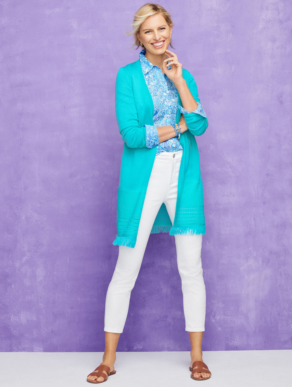 AQUA BREEZE TEXTURED FRINGE OPEN FRONT CARDIGAN | Talbots for sale