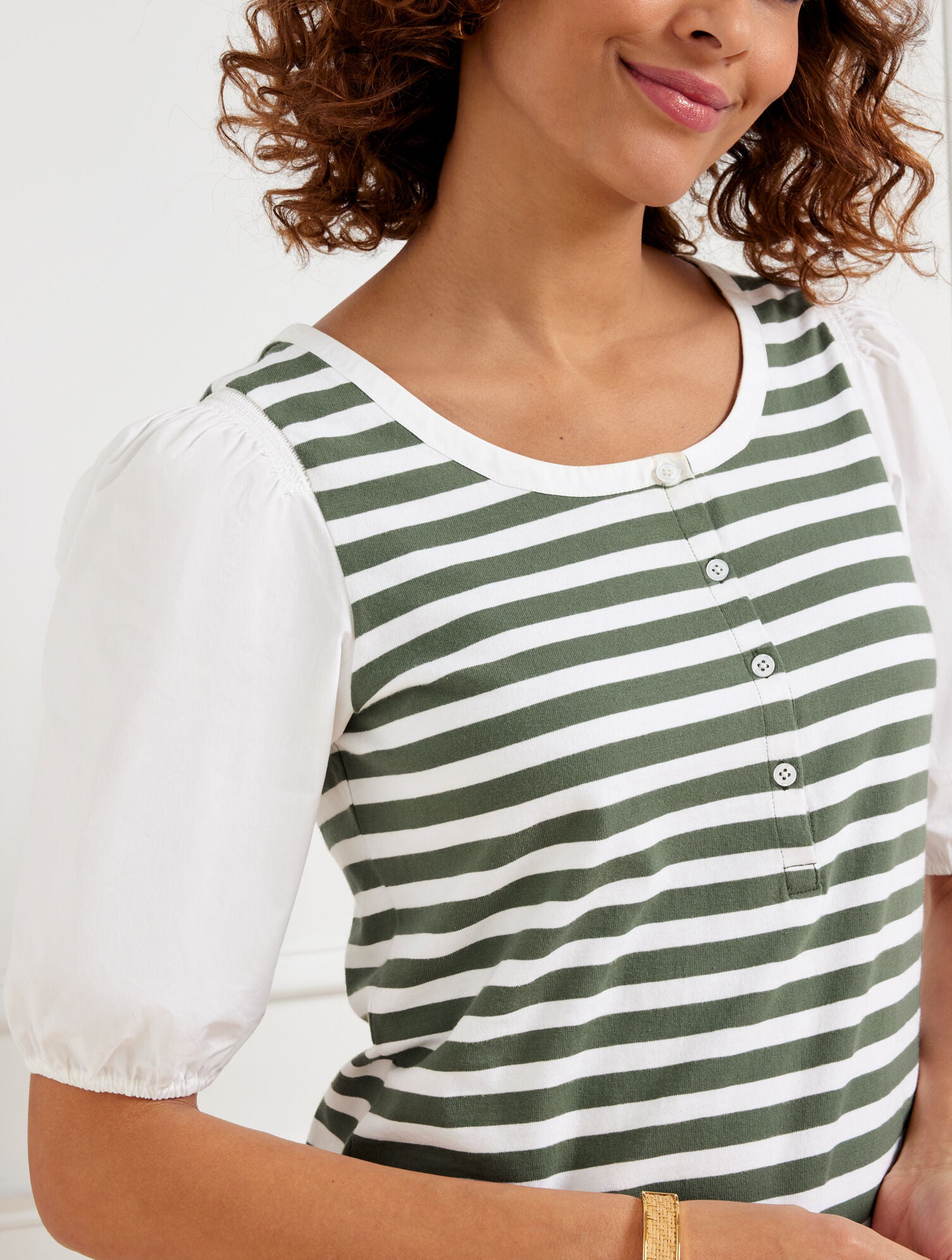 INDIGO/WHITE WOVEN SLEEVE HENLEY TEE - BALI STRIPE | Talbots discount