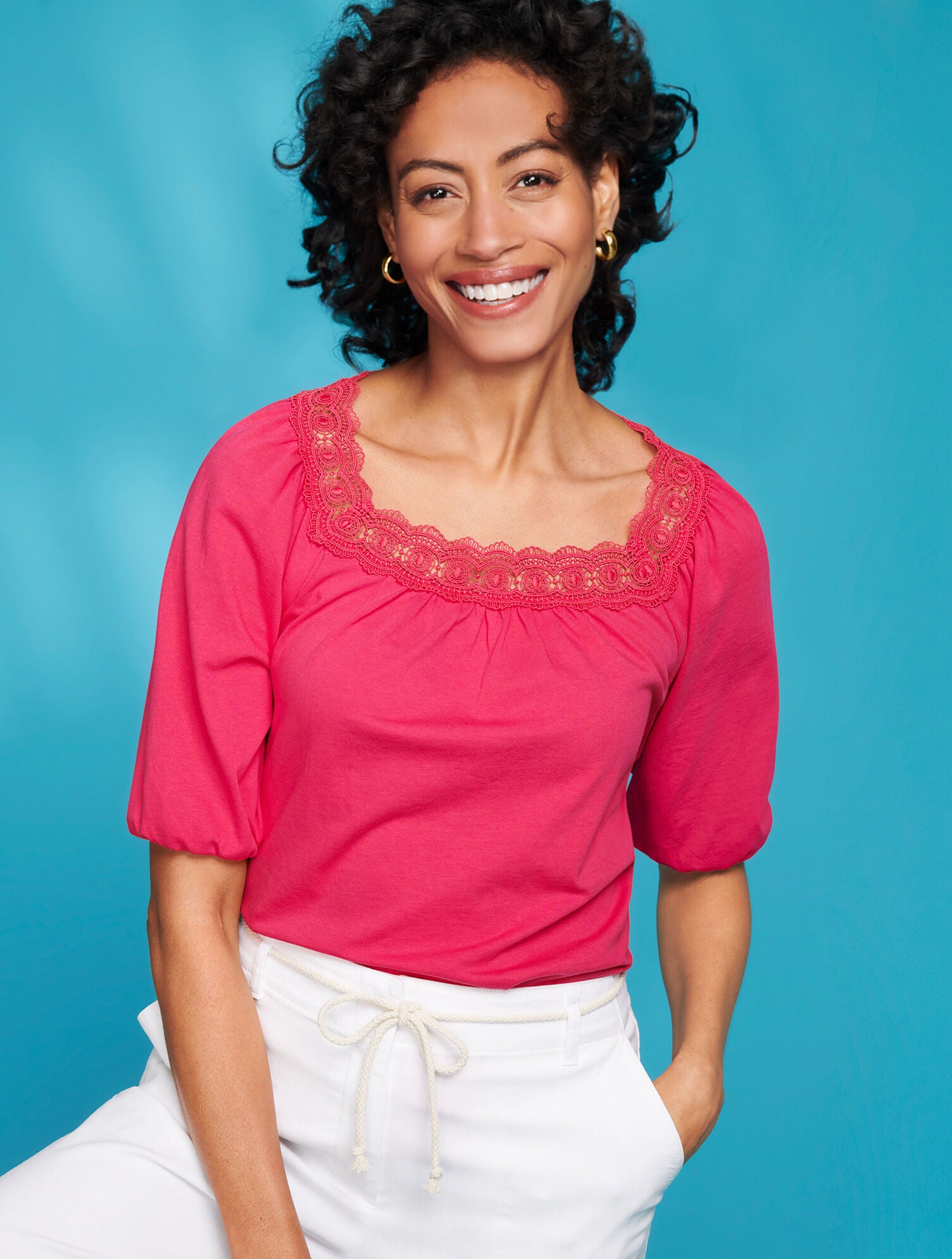 AZALEA LACE TRIM SQUARE NECK TOP | Talbots outlet