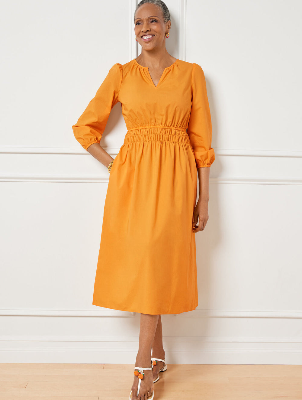 BRIGHT MARIGOLD SMOCKED POPLIN MIDI DRESS | Talbots for sale