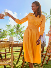 BRIGHT MARIGOLD SMOCKED POPLIN MIDI DRESS | Talbots for sale