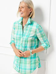 BLUE SPLASH MULTI COTTON BUTTON FRONT SHIRT - MULBERRY PLAID | Talbots on sale