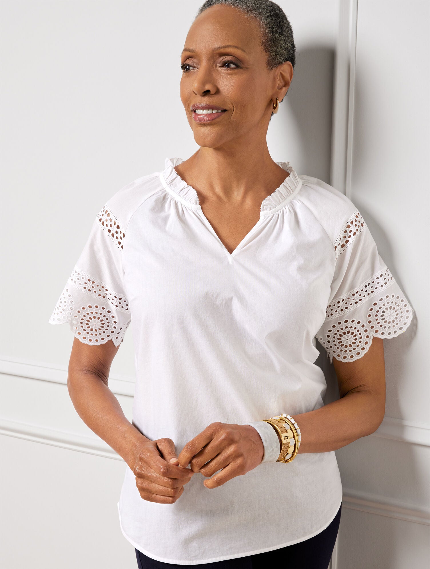 WHITE EMBROIDERED SLEEVE TOP | Talbots outlet
