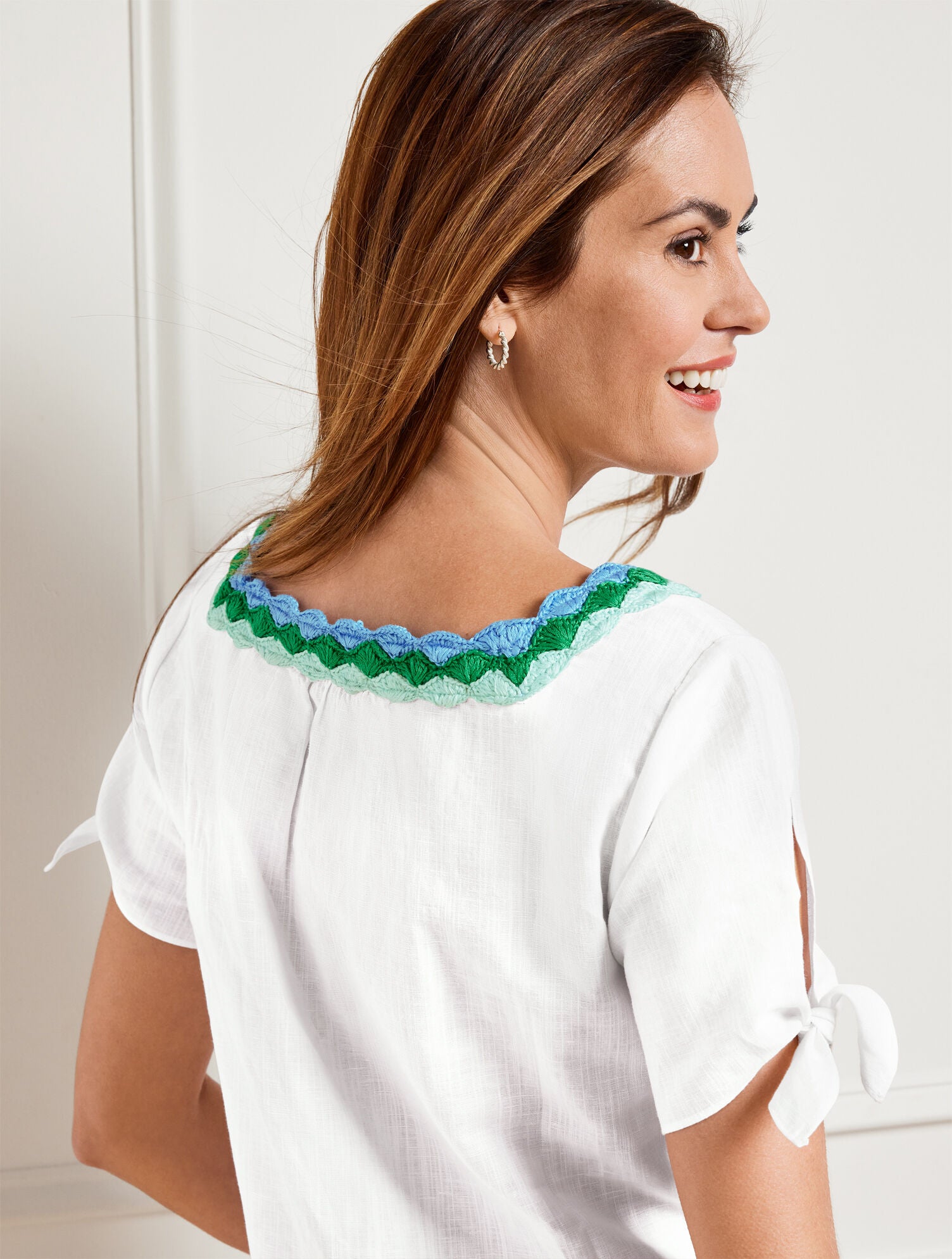 WHITE CROCHET TRIM LINEN TOP | Talbots sale