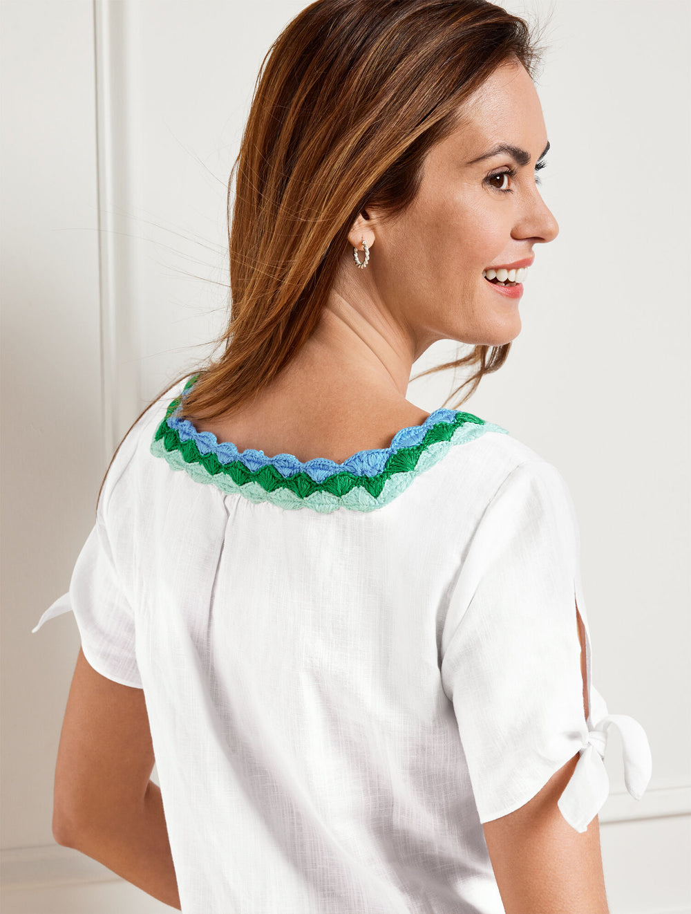 WHITE CROCHET TRIM LINEN TOP | Talbots sale