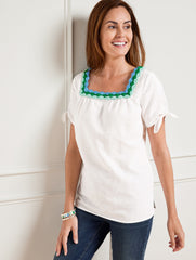 WHITE CROCHET TRIM LINEN TOP | Talbots sale