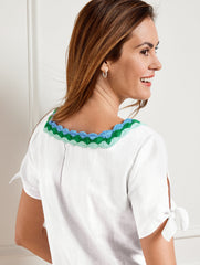 WHITE CROCHET TRIM LINEN TOP | Talbots sale