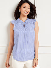 BLUE/WHITE PLEATED POPLIN SHELL - MICRO STRIPE | Talbots online