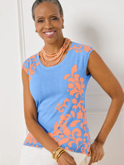 FRESH WATER BLUE/PEACH JACOBEAN FLORAL SCOOP NECK PULLOVER | Talbots on sale